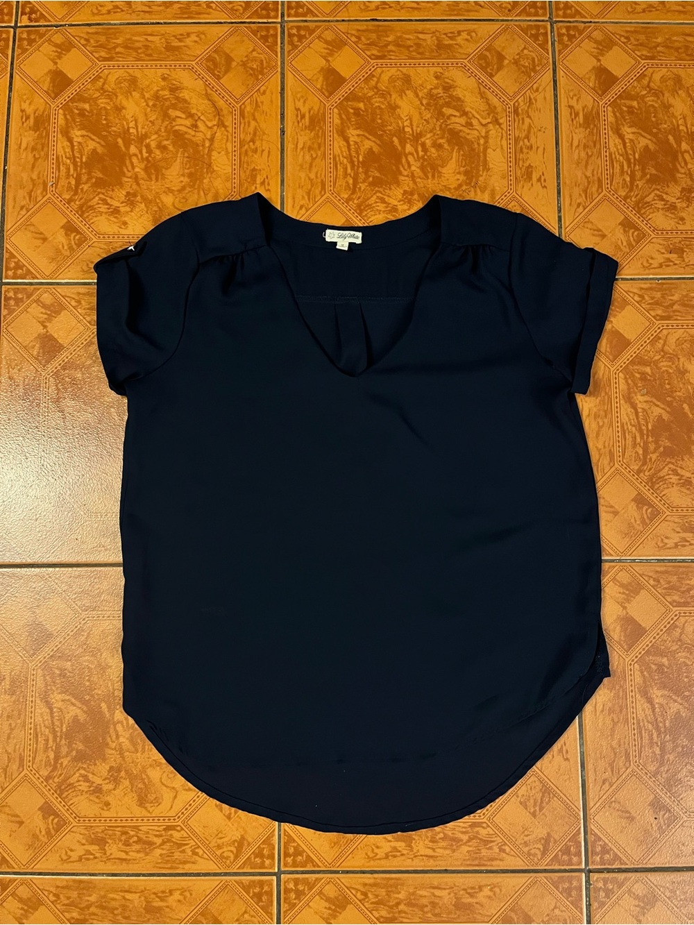 Lily White Navy Short-Sleeve V-Notch Blouse